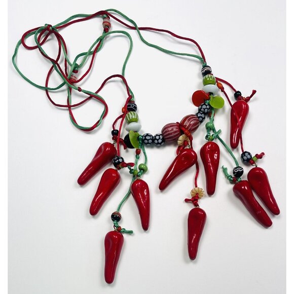 Handmade Chili Pepper Beaded Necklace With Adjustable Red & Green Cord - Picture 2 of 2